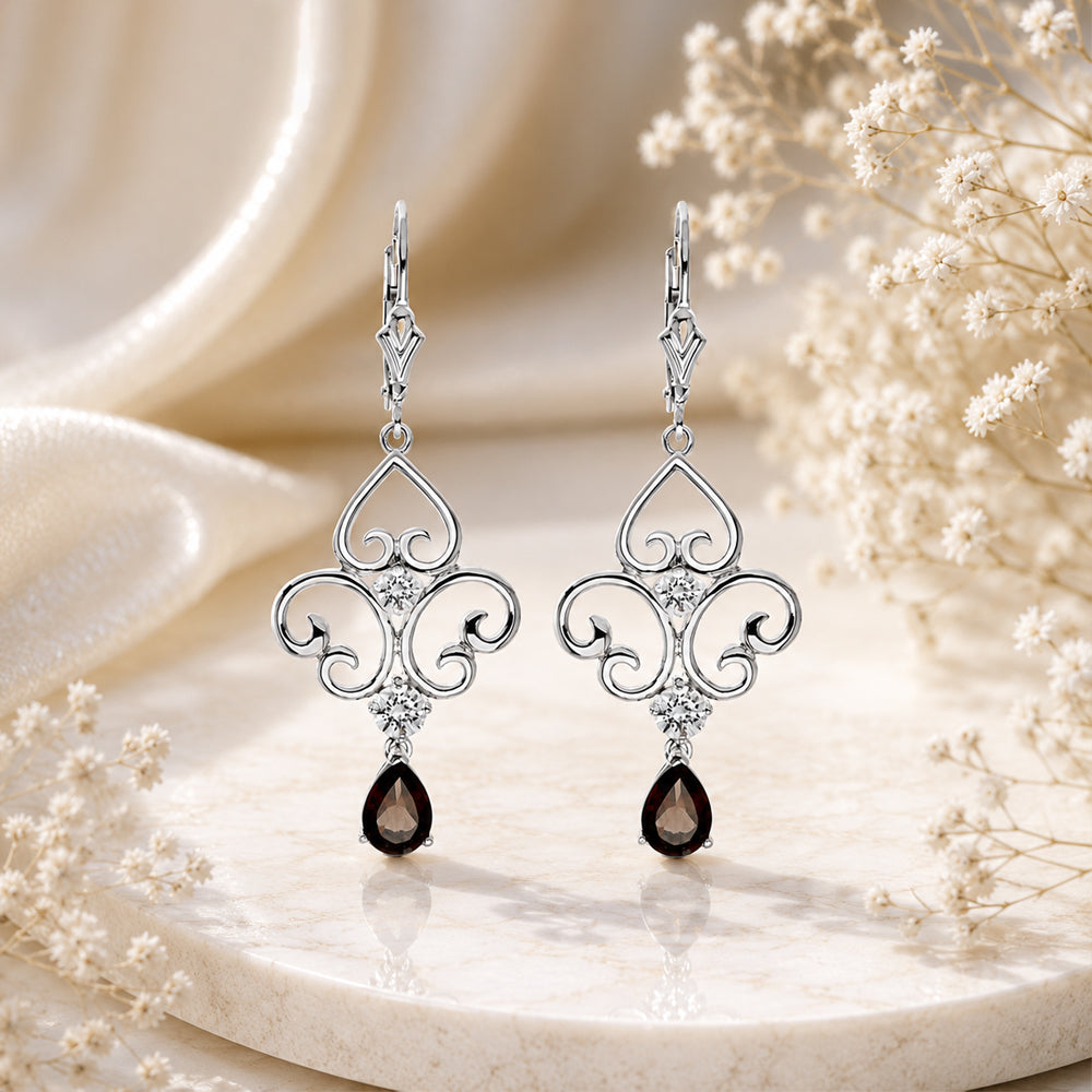 LENYA ต่างหูประดับด้วยพลอยสโมคกี้ควอตซ์(Smoky Quartz) ตัวเรือนเงินแท้ 925 ชุบทองขาว