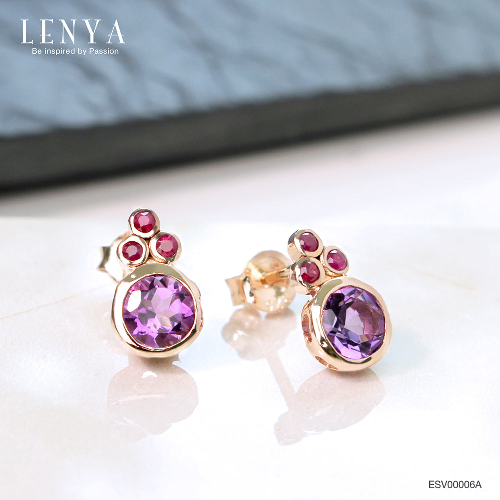 LENYA ต่างหูอเมทิสต์ (Amethyst) สีม่วง ประดับทับทิม สีชมพู  ตัวเรือนเงินแท้ชุบพิ้งค์โกลด์(Pink Gold)