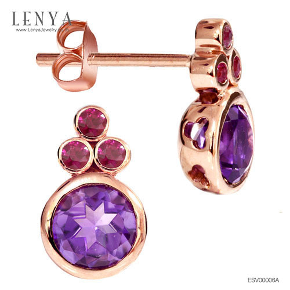 LENYA ต่างหูอเมทิสต์ (Amethyst) สีม่วง ประดับทับทิม สีชมพู  ตัวเรือนเงินแท้ชุบพิ้งค์โกลด์(Pink Gold)
