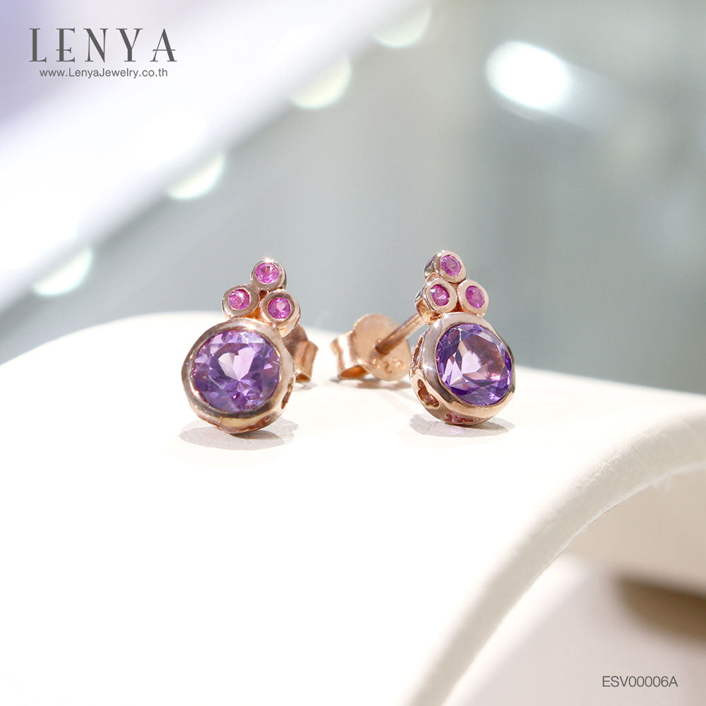 LENYA ต่างหูอเมทิสต์ (Amethyst) สีม่วง ประดับทับทิม สีชมพู  ตัวเรือนเงินแท้ชุบพิ้งค์โกลด์(Pink Gold)