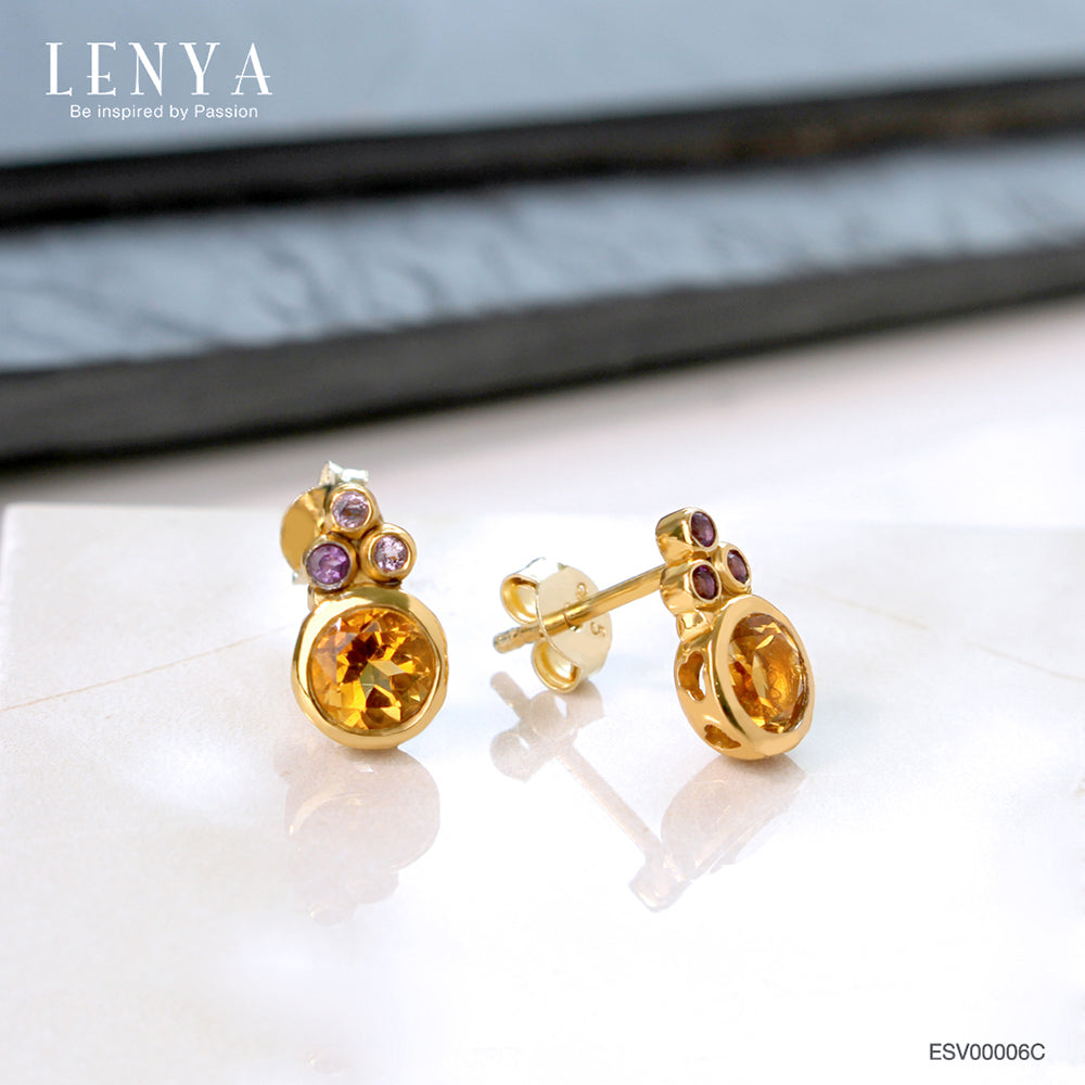 LENYA ต่างหูพลอยซิทริน (Citrine) ประดับพลอยอเมทิสต์ สีสันสดใส ตัวเรือนเงินแท้ชุบทอง