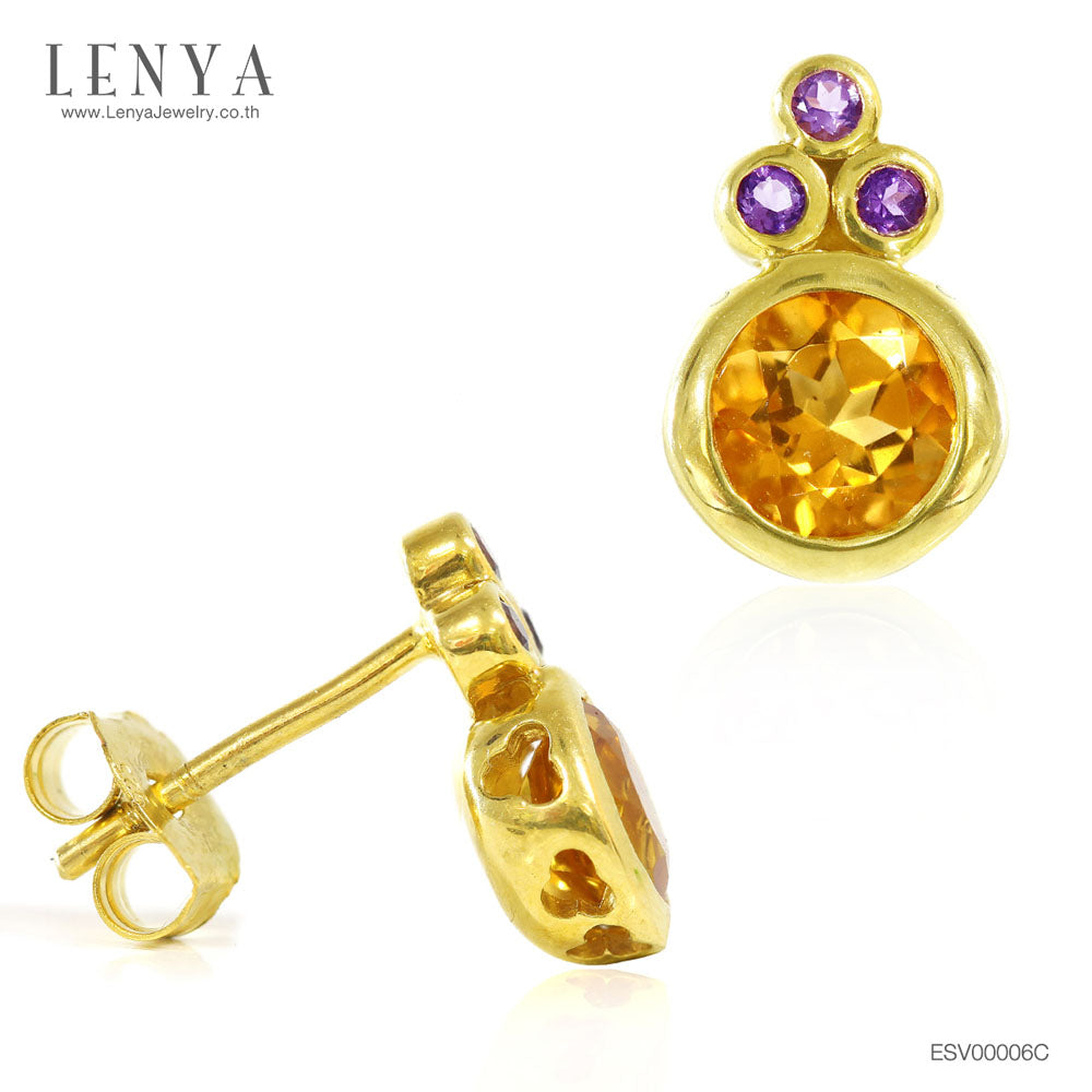 LENYA ต่างหูพลอยซิทริน (Citrine) ประดับพลอยอเมทิสต์ สีสันสดใส ตัวเรือนเงินแท้ชุบทอง