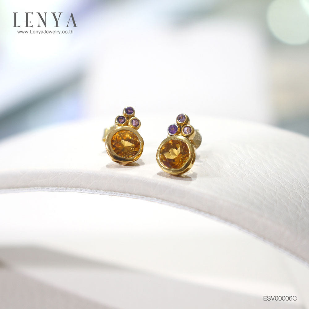 LENYA ต่างหูพลอยซิทริน (Citrine) ประดับพลอยอเมทิสต์ สีสันสดใส ตัวเรือนเงินแท้ชุบทอง