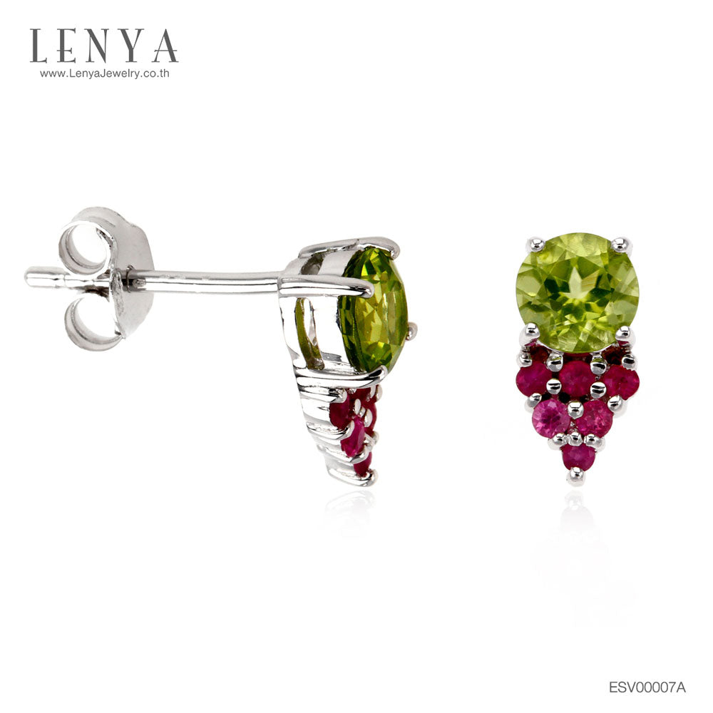 LENYA ต่างหูเพอริดอท ตัดสีด้วยทับทิม ตัวเรือนเงินแท้ 925 ชุบทองคำขาว ดีไซน์เรียบหรู สำหรับผู้หญิงวัยทำงาน