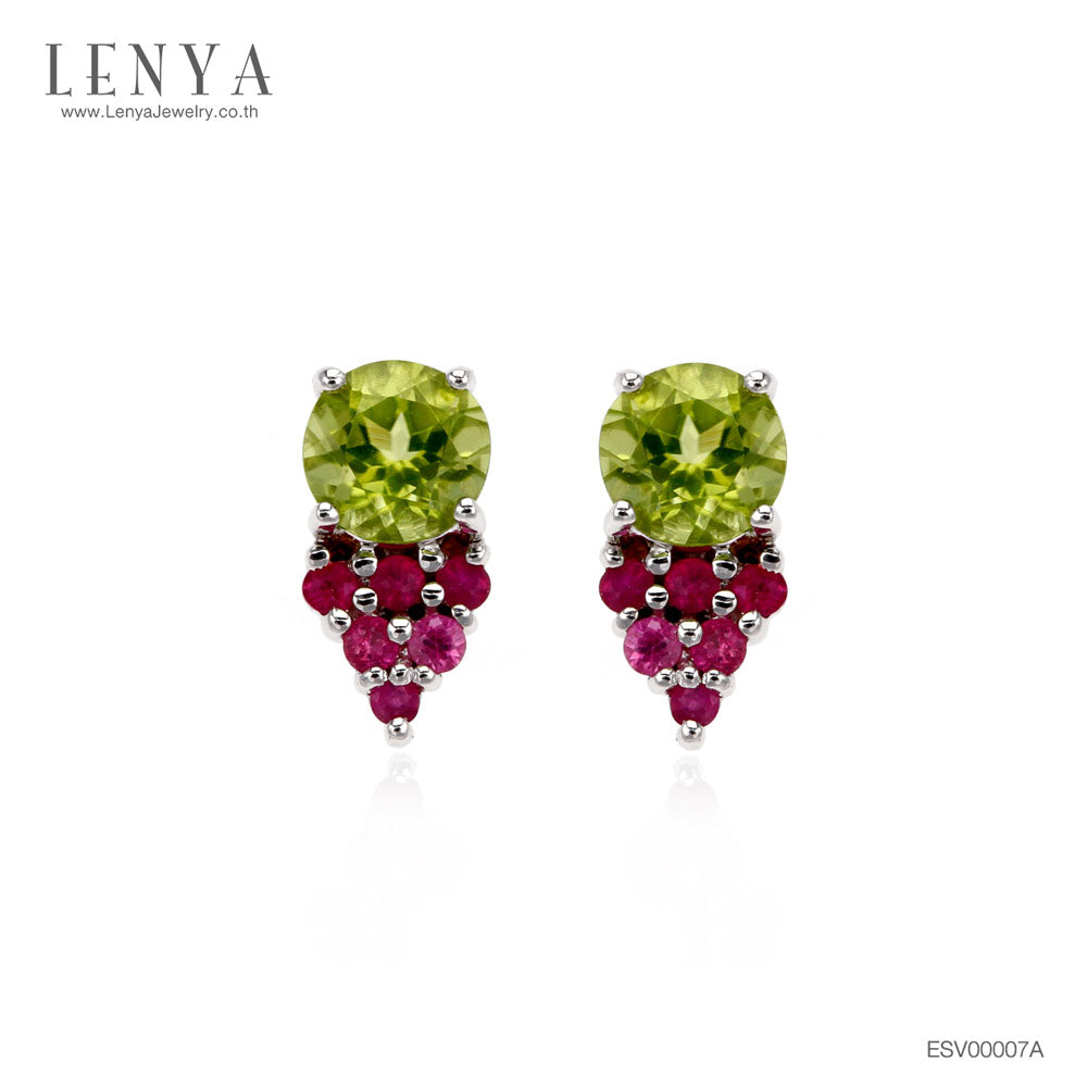LENYA ต่างหูเพอริดอท ตัดสีด้วยทับทิม ตัวเรือนเงินแท้ 925 ชุบทองคำขาว ดีไซน์เรียบหรู สำหรับผู้หญิงวัยทำงาน