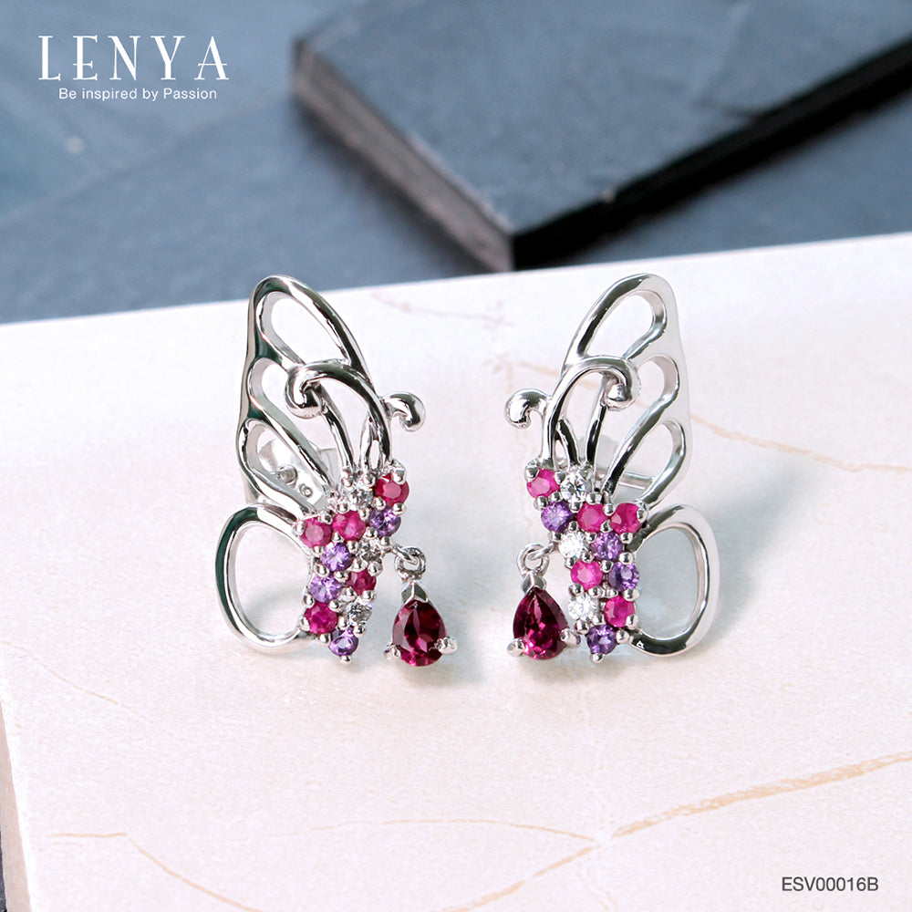 LENYA ต่างหูดีไซน์สวยทรงผีเสื้อ ประดับพลอยโรโดไลท์ (Rhodolite) อเมทีส (Amethyst) ทับทิม (Ruby) และ คิวบิกเซอร์โคเนีย (Cubic Zirconia)