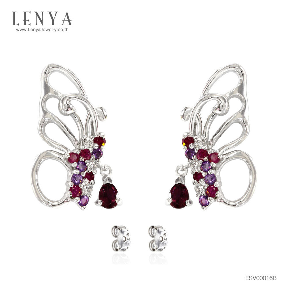 LENYA ต่างหูดีไซน์สวยทรงผีเสื้อ ประดับพลอยโรโดไลท์ (Rhodolite) อเมทีส (Amethyst) ทับทิม (Ruby) และ คิวบิกเซอร์โคเนีย (Cubic Zirconia)