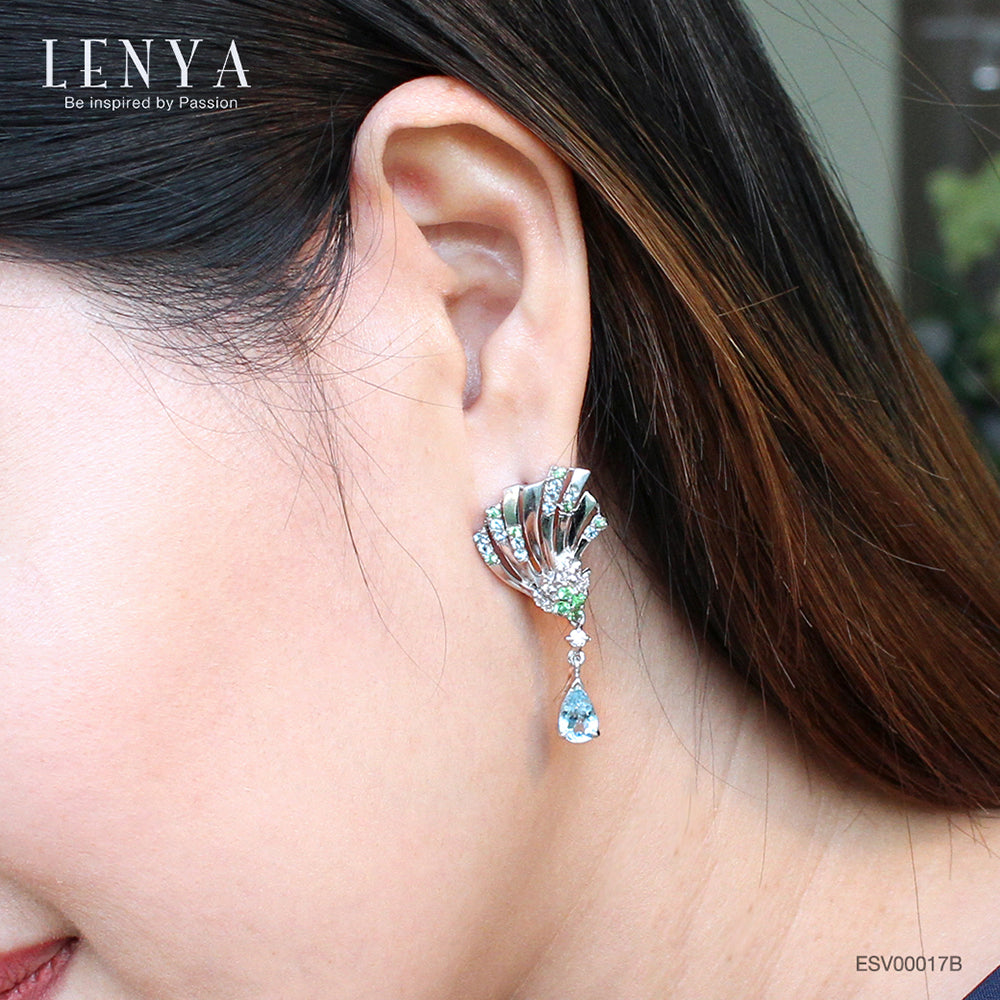 LENYA ต่างหูพลอยบลูโทแพซ เสริมความมั่นใจ ชัดเจน ปัญญา ขนาด 8×5 มิล ตัวเรือนเงินแท้925 ชุบทองคำขาว