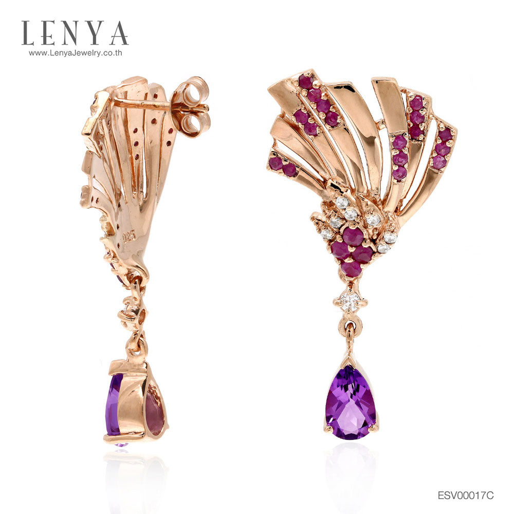 LENYA ต่างหูเงินแท้ ประดับพลอย อเมทิสต์ ทับทิม และ CZ