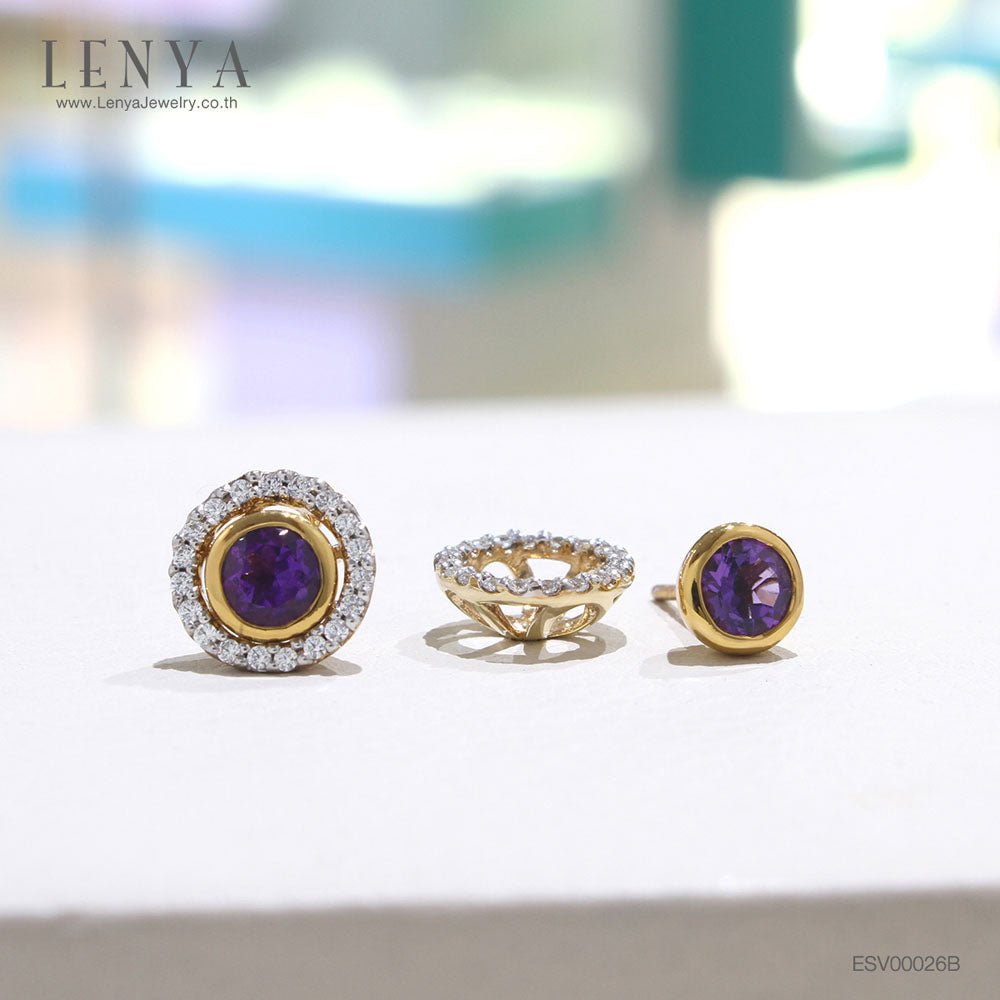 LENYA ต่างหูเงินแท้ 925 ผสานเทคนิคการชุบ 2 ชนิด โรเดียมและทองคำ 18K ดีไซน์ตัวต่างหูประดับ Amethyst เม็ดโตสุดหรู ตัวแป้นเป็นโครงประดับ SWAROVSKI ZIRCONIA  สวยหรู ดูสง่า เหมาะกับงานกลางคืนเป็นอย่างยิ่ง