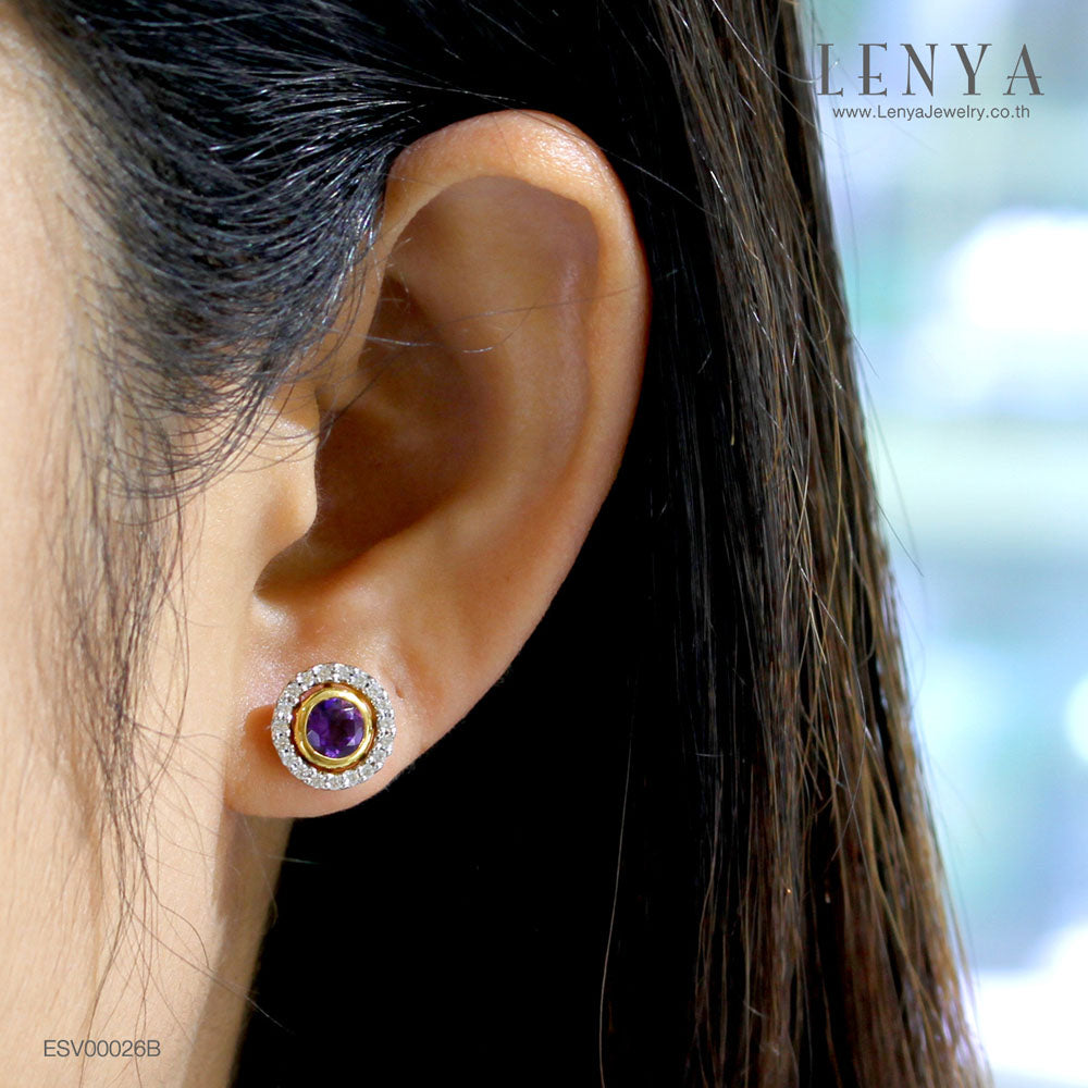 LENYA ต่างหูเงินแท้ 925 ผสานเทคนิคการชุบ 2 ชนิด โรเดียมและทองคำ 18K ดีไซน์ตัวต่างหูประดับ Amethyst เม็ดโตสุดหรู ตัวแป้นเป็นโครงประดับ SWAROVSKI ZIRCONIA  สวยหรู ดูสง่า เหมาะกับงานกลางคืนเป็นอย่างยิ่ง