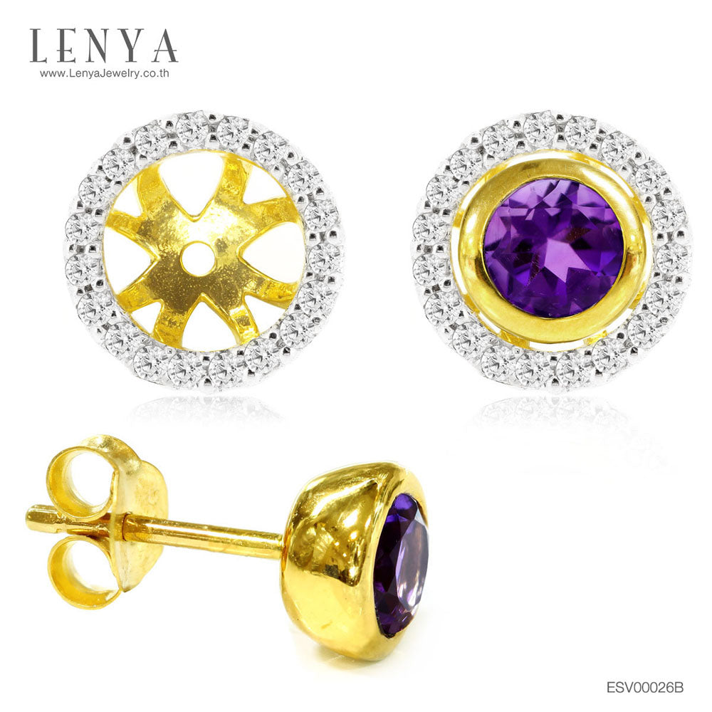 LENYA ต่างหูเงินแท้ 925 ผสานเทคนิคการชุบ 2 ชนิด โรเดียมและทองคำ 18K ดีไซน์ตัวต่างหูประดับ Amethyst เม็ดโตสุดหรู ตัวแป้นเป็นโครงประดับ SWAROVSKI ZIRCONIA  สวยหรู ดูสง่า เหมาะกับงานกลางคืนเป็นอย่างยิ่ง