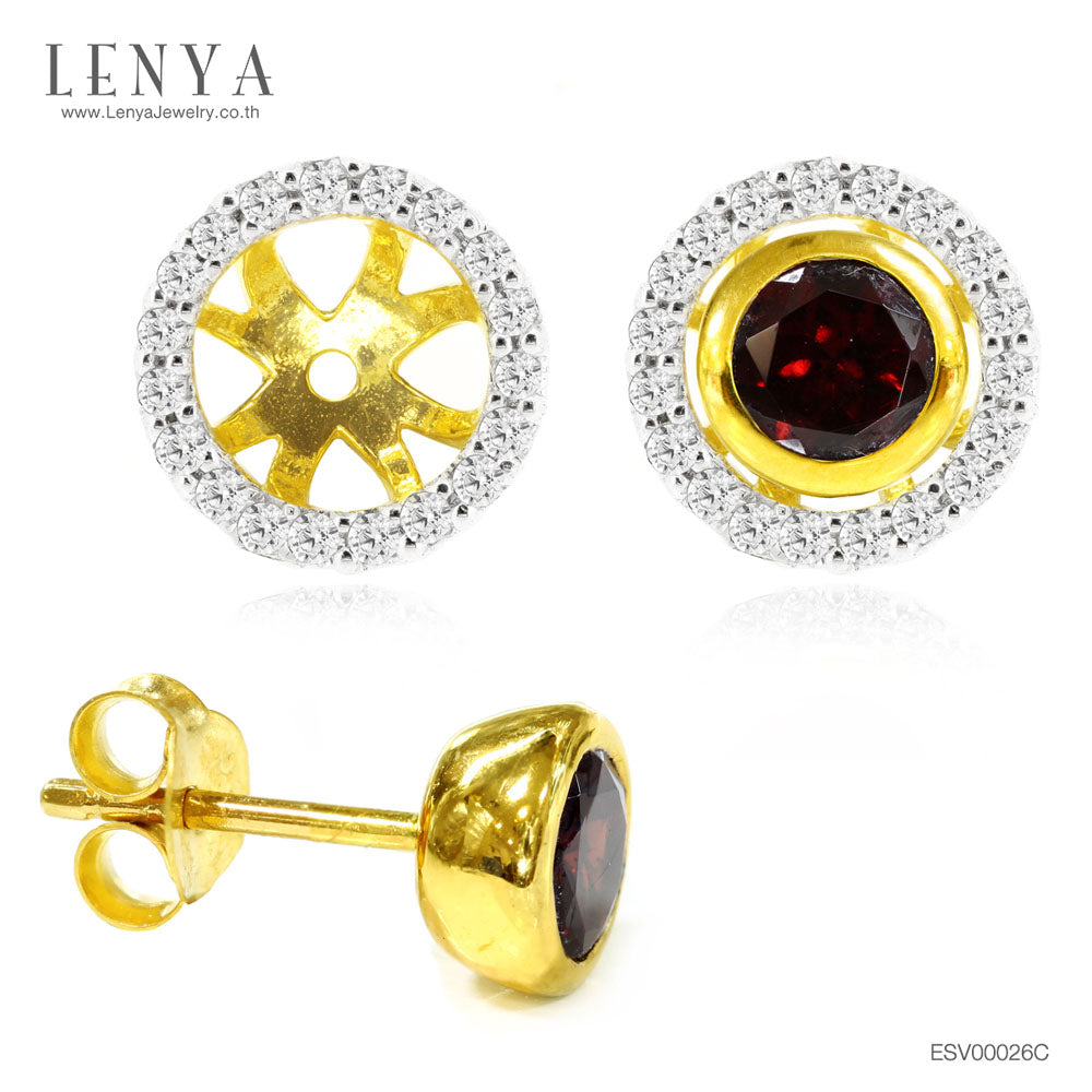 LENYA ต่างหูเงินแท้ 925 ผสานเทคนิคการชุบ 2 ชนิด โรเดียมและทองคำ 18K ดีไซน์ตัวต่างหูประดับ Garnet เม็ดโตสุดหรู ตัวแป้นเป็นโครงประดับ SWAROVSKI ZIRCONIA  สวยหรู ดูสง่า เหมาะกับงานกลางคืนเป็นอย่างยิ่ง