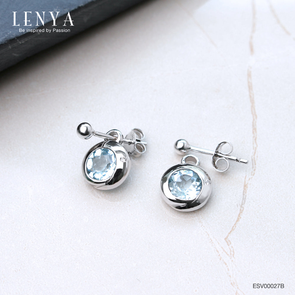 LENYA ต่างหูพลอยบลูโทแพซ เสริมความมั่นใจ ชัดเจน ปัญญา ขนาด 6 มิล ตัวเรือนเงินแท้925 ชุบทองคำขาว