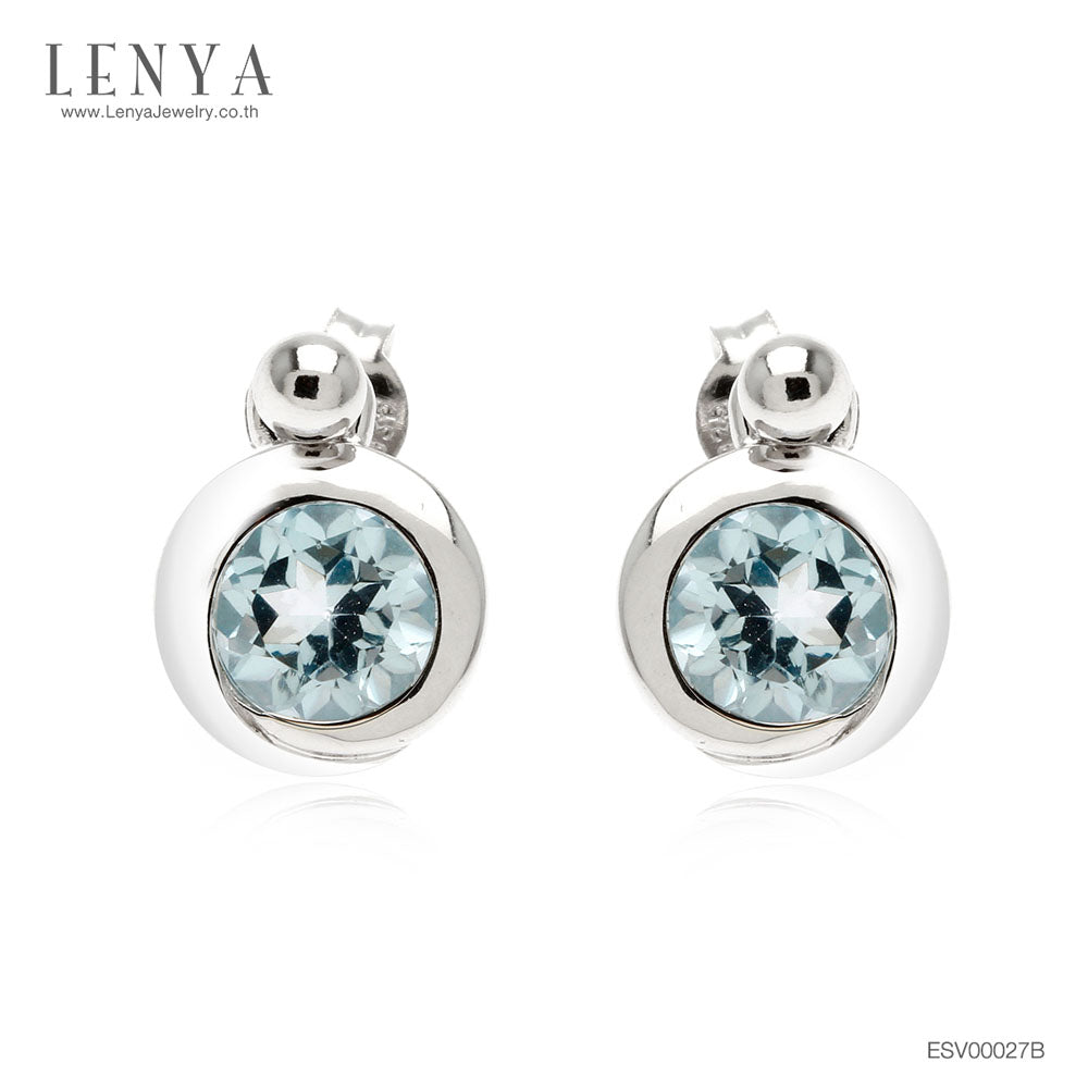 LENYA ต่างหูพลอยบลูโทแพซ เสริมความมั่นใจ ชัดเจน ปัญญา ขนาด 6 มิล ตัวเรือนเงินแท้925 ชุบทองคำขาว