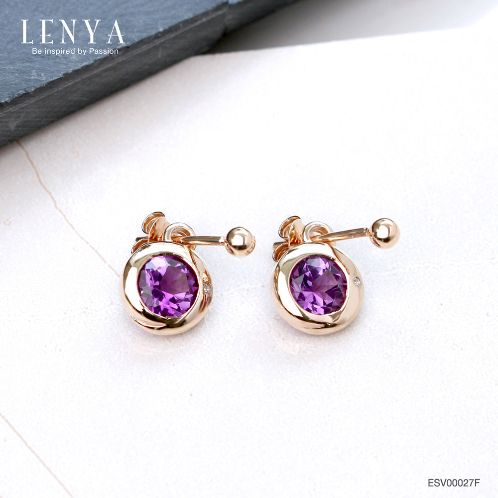 LENYA ต่างหูพลอยอะเมทิสต์ (Amethyst) สีม่วง ตัวเรือนเงินแท้ชุบสีพิ้งค์โกลด