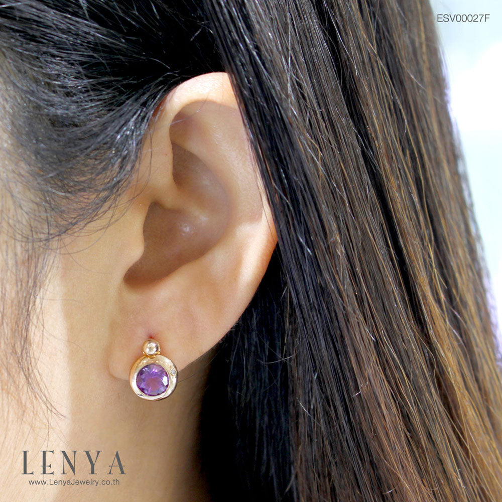 LENYA ต่างหูพลอยอะเมทิสต์ (Amethyst) สีม่วง ตัวเรือนเงินแท้ชุบสีพิ้งค์โกลด