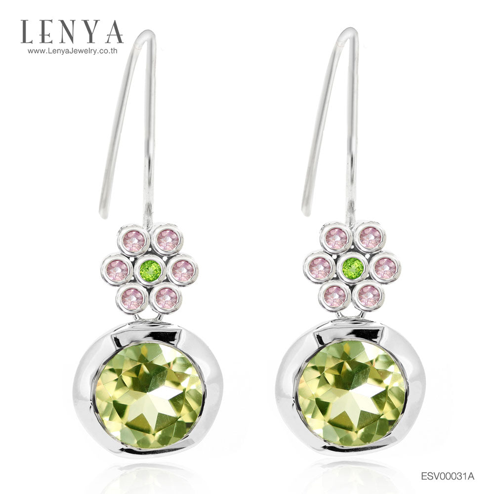 LENYA ต่างหูเงินแท้ 925 ชุบโรเดียม ดีไซน์เก๋ ตุ้งติ้งสไตล์ผู้หญิงทันสมัย ประดับด้วย Lemon Quartz สีเขียวอ่อนเม็ดใหญ่ Tsavorite สีเขียวเม็ดเล็กและ Pink Sapphire สีชมพู  เติมความมั่นใจ และพลังสร้างสรรค์