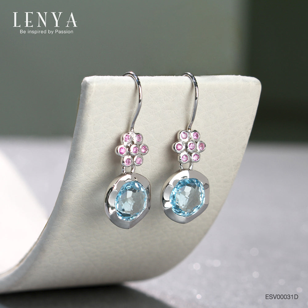 LENYA ต่างหูพลอยบลูโทแพซ เสริมความมั่นใจ ชัดเจน ปัญญา ขนาด 8 มิล ตัวเรือนเงินแท้925 ชุบทองคำขาว