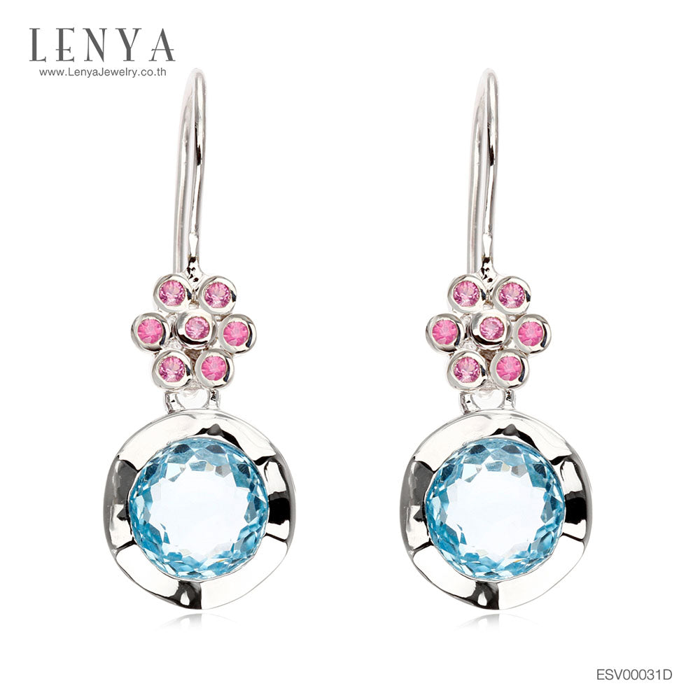 LENYA ต่างหูพลอยบลูโทแพซ เสริมความมั่นใจ ชัดเจน ปัญญา ขนาด 8 มิล ตัวเรือนเงินแท้925 ชุบทองคำขาว