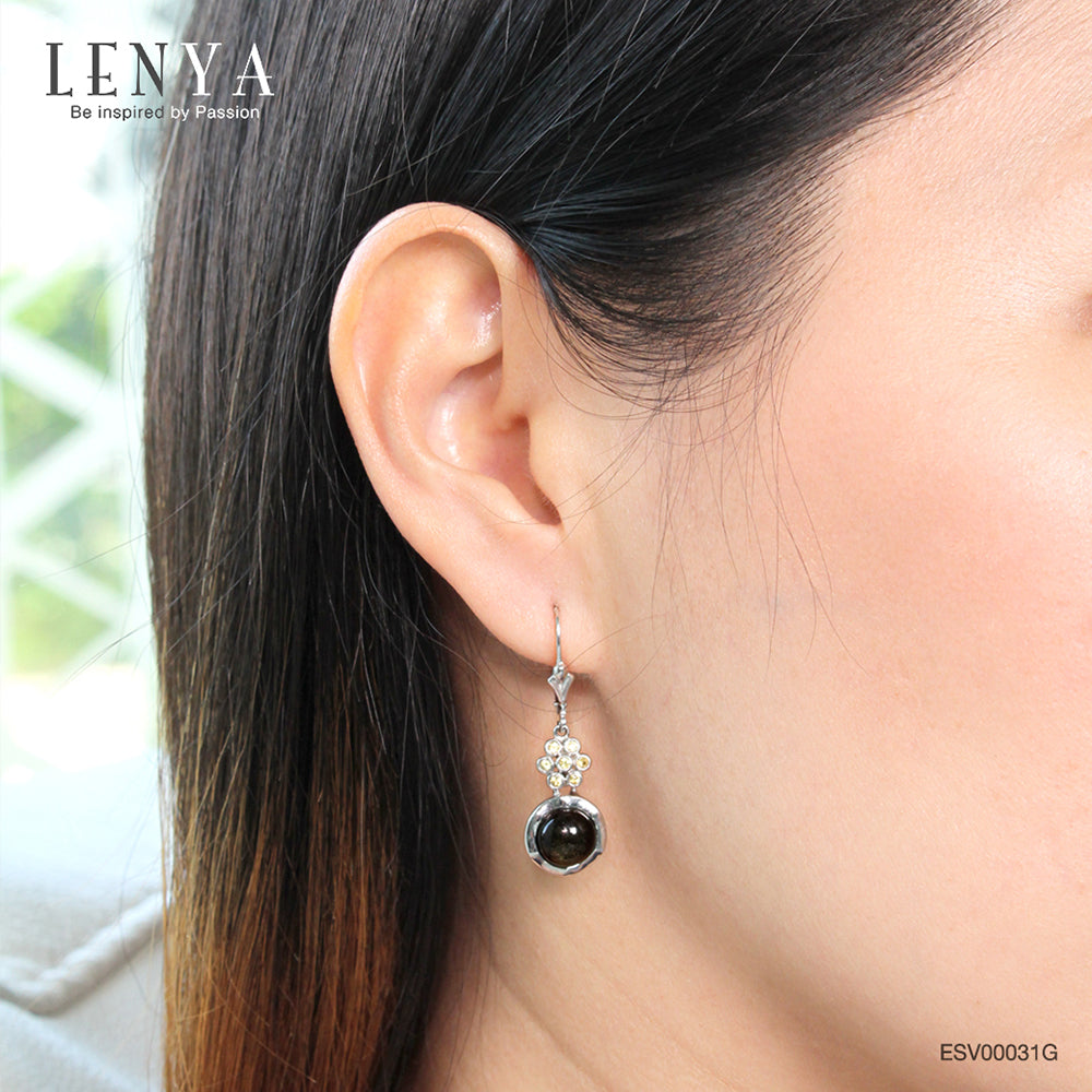 LENYA ต่างหูเงินแท้ 925 ชุบโรเดียม ดีไซน์เก๋ไก๋ ประดับพลอยอ๊อบซิเดี่ยน (Obsidian) และบุษราคัม (Yellow Sapphire) ให้ความรู้สึกสงบในจิตใจ เสริมสร้างกำลังใจ เรียกสติให้มีความมั่นใจมากยิ่งขึ้น