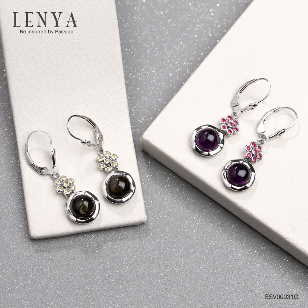LENYA ต่างหูเงินแท้ 925 ชุบโรเดียม ดีไซน์เก๋ไก๋ ประดับพลอยอ๊อบซิเดี่ยน (Obsidian) และบุษราคัม (Yellow Sapphire) ให้ความรู้สึกสงบในจิตใจ เสริมสร้างกำลังใจ เรียกสติให้มีความมั่นใจมากยิ่งขึ้น