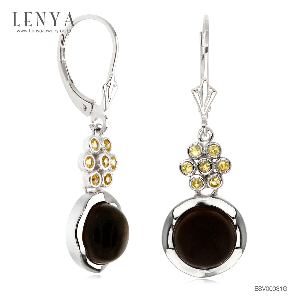 LENYA ต่างหูเงินแท้ 925 ชุบโรเดียม ดีไซน์เก๋ไก๋ ประดับพลอยอ๊อบซิเดี่ยน (Obsidian) และบุษราคัม (Yellow Sapphire) ให้ความรู้สึกสงบในจิตใจ เสริมสร้างกำลังใจ เรียกสติให้มีความมั่นใจมากยิ่งขึ้น