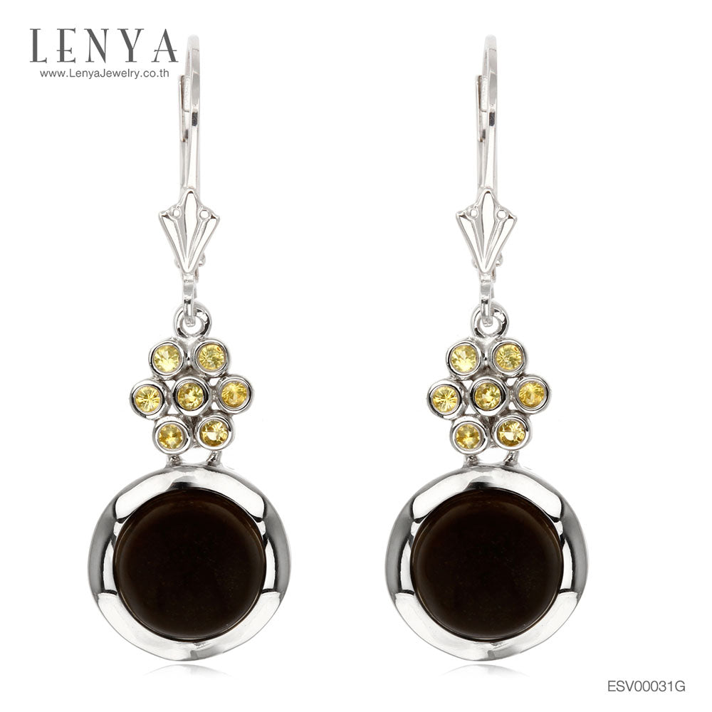 LENYA ต่างหูเงินแท้ 925 ชุบโรเดียม ดีไซน์เก๋ไก๋ ประดับพลอยอ๊อบซิเดี่ยน (Obsidian) และบุษราคัม (Yellow Sapphire) ให้ความรู้สึกสงบในจิตใจ เสริมสร้างกำลังใจ เรียกสติให้มีความมั่นใจมากยิ่งขึ้น