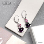 LENYA ต่างหูเงินแท้925 ดีไซน์ดอกไม้ สวยเก๋หวานซ่อนเปรี้ยว ประดับพลอยอะเมทิสต์ (Amethyst) กลม หลังเบี้ย และตกแต่งด้วยทับทิม(Ruby)  ชุบด้วยทองคำขาว