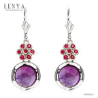 LENYA ต่างหูเงินแท้925 ดีไซน์ดอกไม้ สวยเก๋หวานซ่อนเปรี้ยว ประดับพลอยอะเมทิสต์ (Amethyst) กลม หลังเบี้ย และตกแต่งด้วยทับทิม(Ruby)  ชุบด้วยทองคำขาว