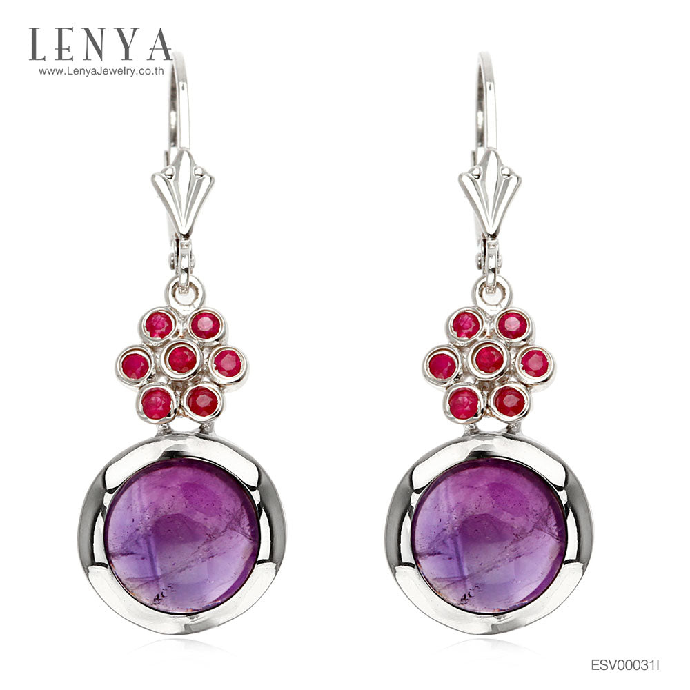 LENYA ต่างหูเงินแท้925 ดีไซน์ดอกไม้ สวยเก๋หวานซ่อนเปรี้ยว ประดับพลอยอะเมทิสต์ (Amethyst) กลม หลังเบี้ย และตกแต่งด้วยทับทิม(Ruby)  ชุบด้วยทองคำขาว
