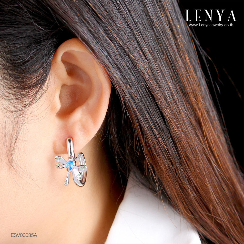 LENYA ต่างหูพลอยบลูโทแพซ เสริมความมั่นใจ ชัดเจน ปัญญา ขนาด 6x4 มิล ตัวเรือนเงินแท้925 ชุบทองคำขาว