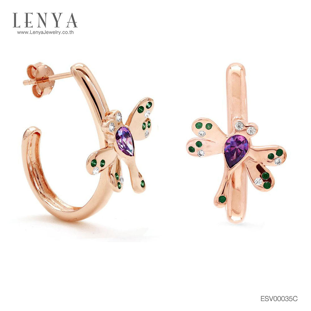 LENYA ต่างหูเงินแท้ดีไซน์แมลงปอสุดน่ารัก สุดเก๋แหวกแนวไม่ซ้ำแบบใคร  ประดับด้วย SWAROVSKI  ZIRCONIA ชุบด้วยทองชมพู