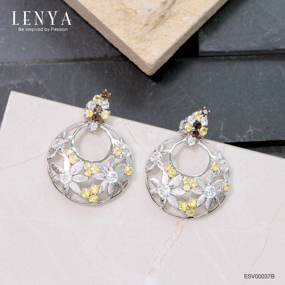 LENYA ต่างหูเงินแท้ 925 ชุบทองขาว ประดับบุษราคัม (Yellow Sapphire) สโมคกี้ควอทซ์ (Smoky Quartz) เพชร DiamondLike  ฉลุลายดอกไม้น่ารัก