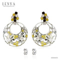LENYA ต่างหูเงินแท้ 925 ชุบทองขาว ประดับบุษราคัม (Yellow Sapphire) สโมคกี้ควอทซ์ (Smoky Quartz) เพชร DiamondLike  ฉลุลายดอกไม้น่ารัก