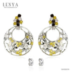 LENYA ต่างหูเงินแท้ 925 ชุบทองขาว ประดับบุษราคัม (Yellow Sapphire) สโมคกี้ควอทซ์ (Smoky Quartz) เพชร DiamondLike  ฉลุลายดอกไม้น่ารัก