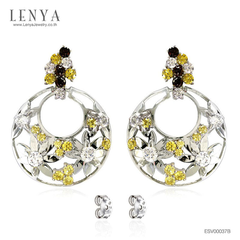 LENYA ต่างหูเงินแท้ 925 ชุบทองขาว ประดับบุษราคัม (Yellow Sapphire) สโมคกี้ควอทซ์ (Smoky Quartz) เพชร DiamondLike  ฉลุลายดอกไม้น่ารัก