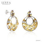 LENYA ต่างหูเงินแท้ 925 ชุบทองขาว และ ชุปทองคำ ประดับด้วย Swarovski Zirconia  มีทำลาย Texture ที่ดอกไม้ ฉลุลายดอกไม้น่ารัก