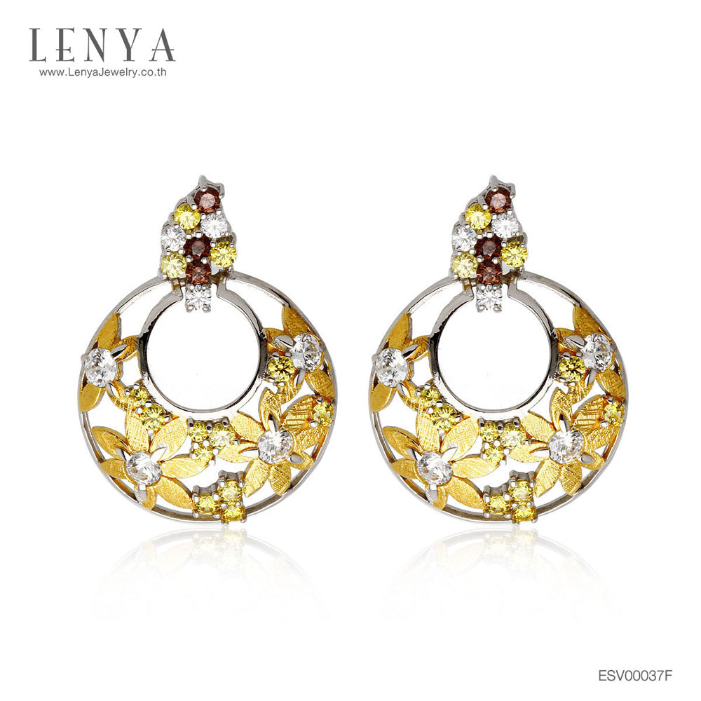 LENYA ต่างหูเงินแท้ 925 ชุบทองขาว และ ชุปทองคำ ประดับด้วย Swarovski Zirconia  มีทำลาย Texture ที่ดอกไม้ ฉลุลายดอกไม้น่ารัก