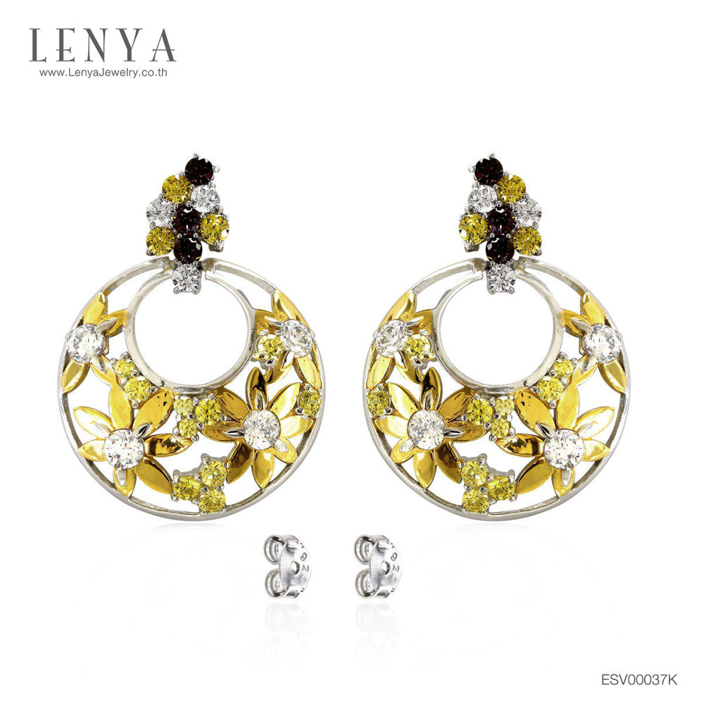 LENYA ต่างหูเงินแท้ ประดับบุษราคัม (Yellow Sapphire) สโมคกี้ควอทซ์ (Smoky Quartz) เพชร DiamondLike  ฉลุลายดอกไม้น่ารัก