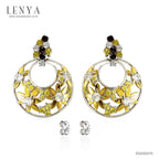 LENYA ต่างหูเงินแท้ ประดับบุษราคัม (Yellow Sapphire) สโมคกี้ควอทซ์ (Smoky Quartz) เพชร DiamondLike  ฉลุลายดอกไม้น่ารัก