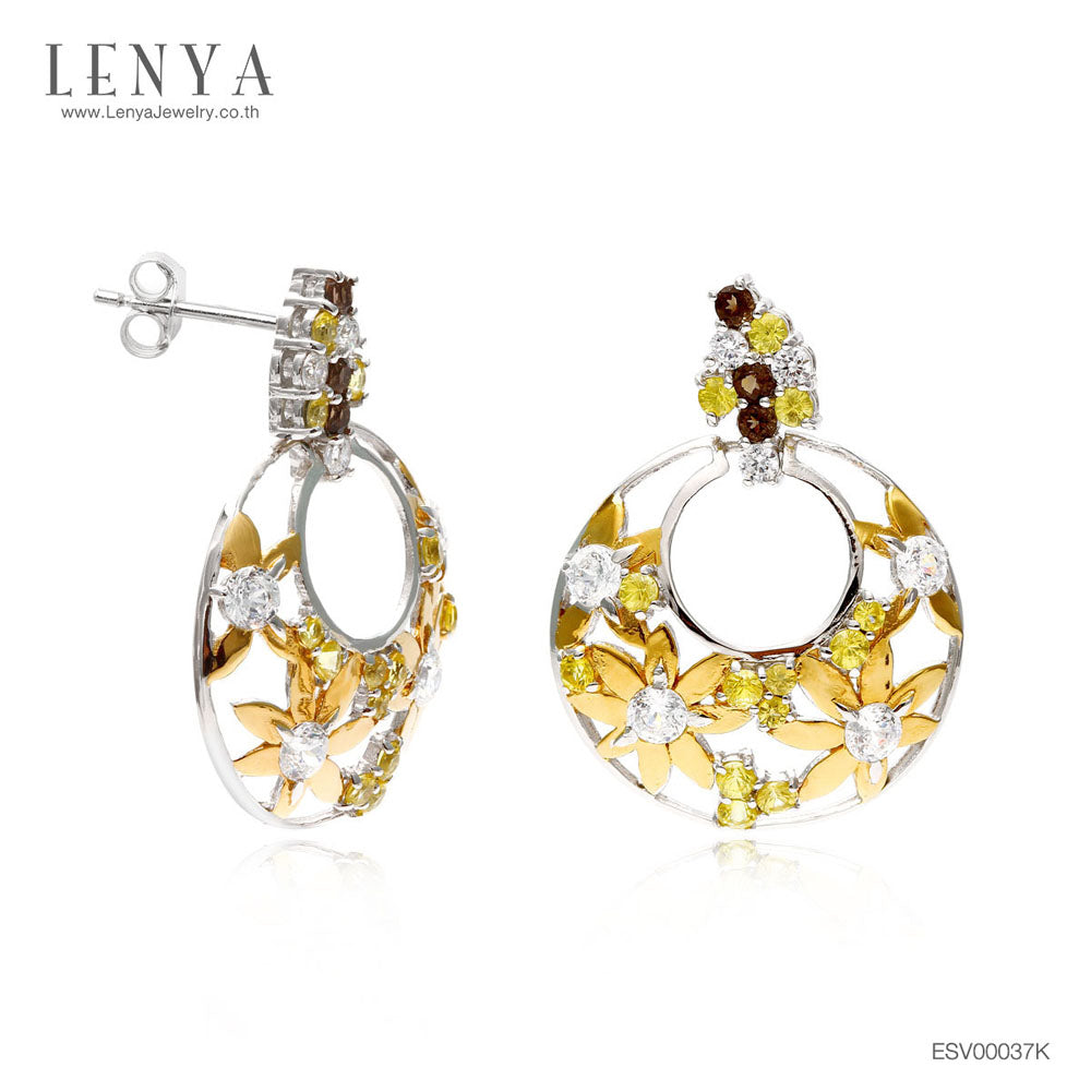 LENYA ต่างหูเงินแท้ ประดับบุษราคัม (Yellow Sapphire) สโมคกี้ควอทซ์ (Smoky Quartz) เพชร DiamondLike  ฉลุลายดอกไม้น่ารัก