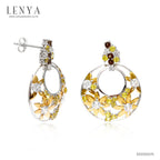 LENYA ต่างหูเงินแท้ ประดับบุษราคัม (Yellow Sapphire) สโมคกี้ควอทซ์ (Smoky Quartz) เพชร DiamondLike  ฉลุลายดอกไม้น่ารัก