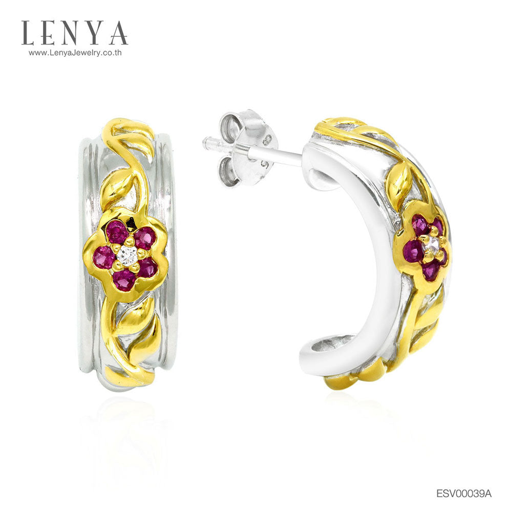 LENYA ต่างหูทรงครึ่งวงกลม ลายดอกไม้และเถาวัลย์ ประดับทับทิมแท้ (Ruby) และเพชร DiamondLike ตัวเรืองเงินแท้ สองกษัตริย์