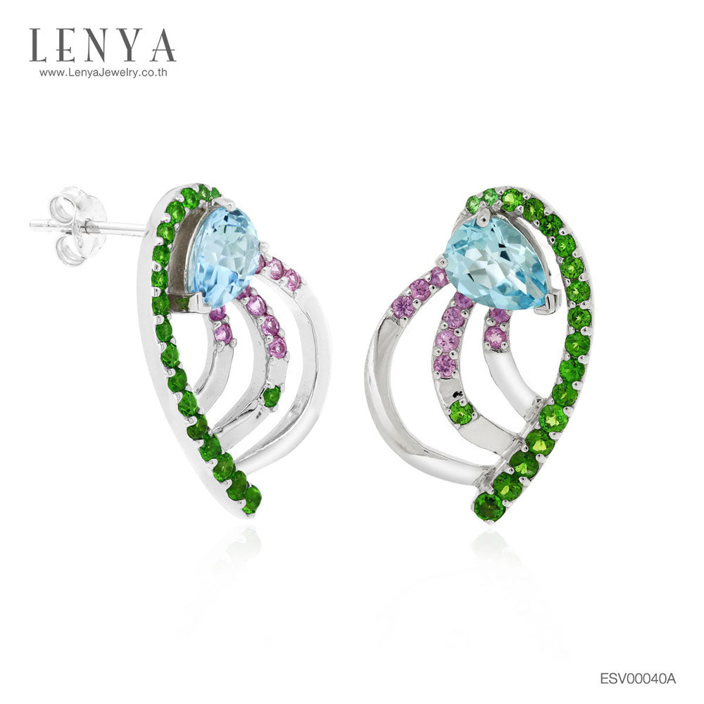LENYA ต่างหูพลอยบลูโทแพซ เสริมความมั่นใจ ชัดเจน ปัญญา ขนาด 8x6 มิล ตัวเรือนเงินแท้925 ชุบทองคำขาว