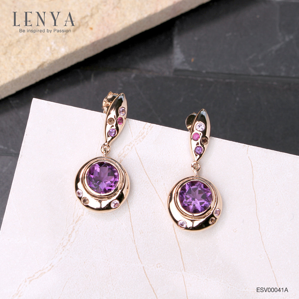 LENYA ต่างหูประดับอเมทีส (Amethyst) สีม่วง และสโมคกี้ควอทซ์ (Smoky Quartz) สีน้ำตาล แซฟไฟร์สีชมพู(Pink Sapphire) และทับทิม(Ruby) ตัวเรือนเงินแท้ชุบพิ้งโกลด์