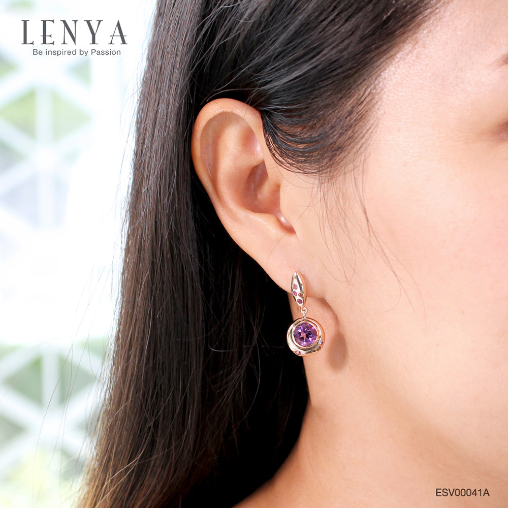 LENYA ต่างหูประดับอเมทีส (Amethyst) สีม่วง และสโมคกี้ควอทซ์ (Smoky Quartz) สีน้ำตาล แซฟไฟร์สีชมพู(Pink Sapphire) และทับทิม(Ruby) ตัวเรือนเงินแท้ชุบพิ้งโกลด์