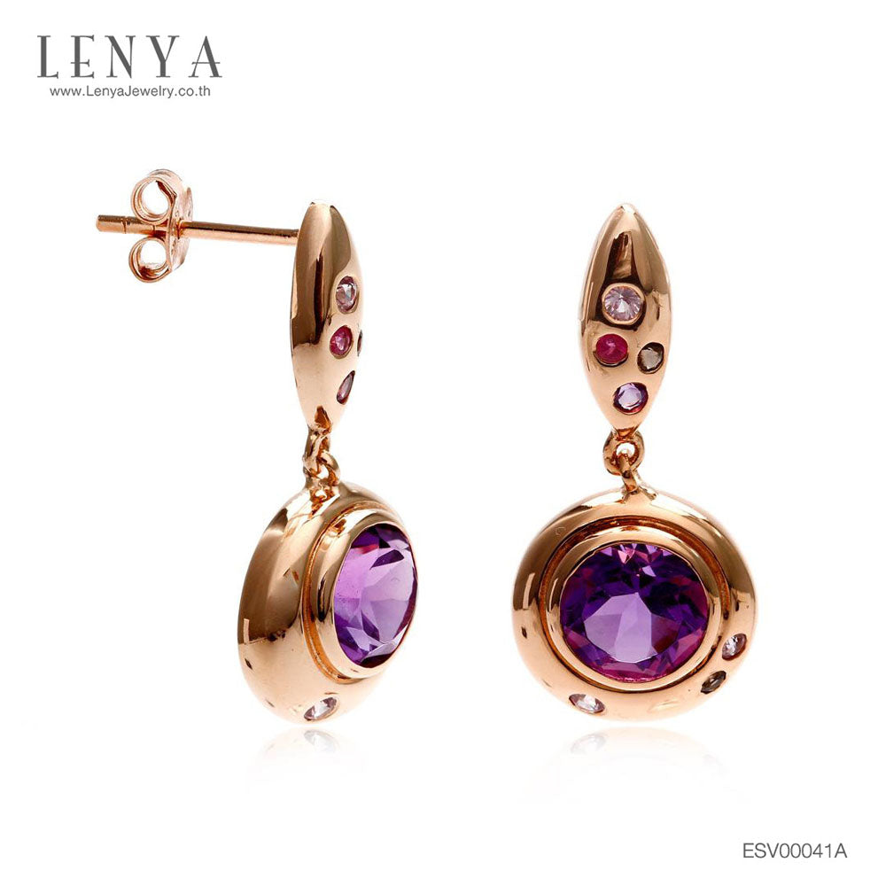 LENYA ต่างหูประดับอเมทีส (Amethyst) สีม่วง และสโมคกี้ควอทซ์ (Smoky Quartz) สีน้ำตาล แซฟไฟร์สีชมพู(Pink Sapphire) และทับทิม(Ruby) ตัวเรือนเงินแท้ชุบพิ้งโกลด์