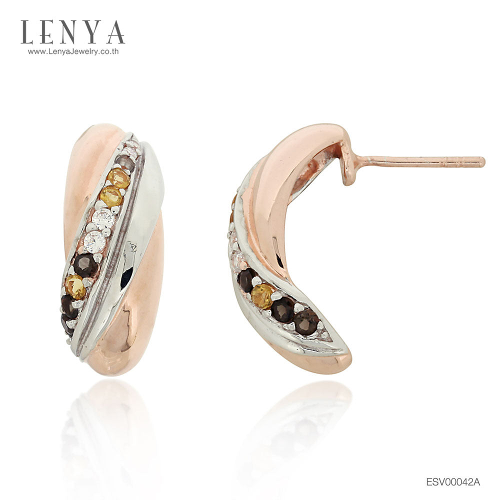 LENYA ต่างหูพลอยสโมคกี้ควอตซ์(Smoky Quartz) ซิทริน(Citrine) และเพชร DiamondLike บนตัวเรือนเงินแท้ชุบสีทูโทนทองคำและทองคำขาวแท้
