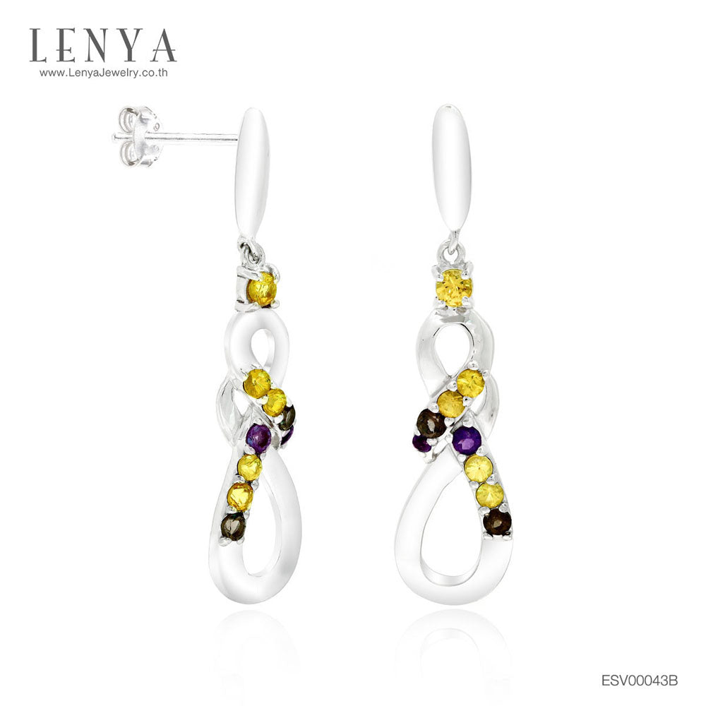LENYA ต่างหูเงินแท้ 925 ชุบทองขาว ประดับพลอย บุษราคัม(Yellow Sapphire) สโมคกี้ควอตซ์ (Smoky Quartz) และ อเมทีส (Amethyst)